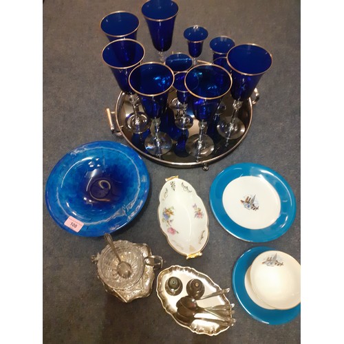 108 - A mid 20th Century raised tray together with blue pedestal glasses, a Dartington Studio blue glass s... 