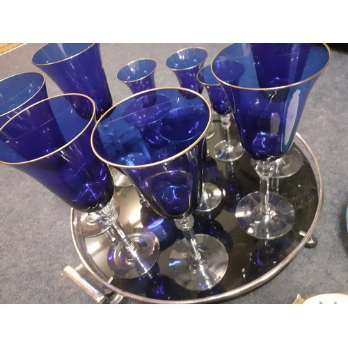 108 - A mid 20th Century raised tray together with blue pedestal glasses, a Dartington Studio blue glass s... 