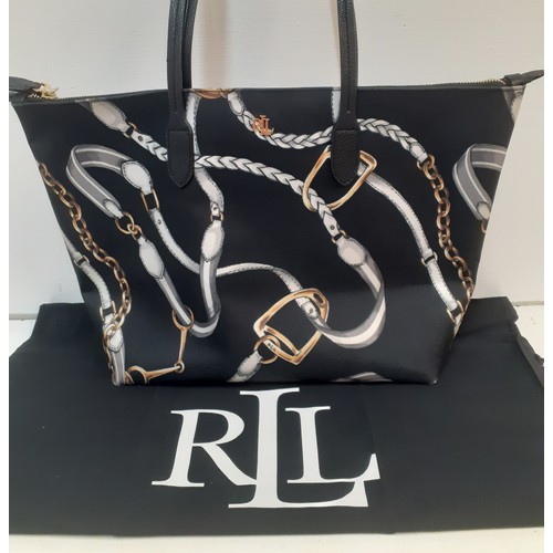 Ralph Lauren-A modern black 'Equestrian Nylon Tote' shoulder bag with grey and gold horse rein design having gold tone hardware, 41cm wide x 29cm high, having a branded black dust-bag. Location: R2.2