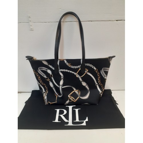 15 - Ralph Lauren-A modern black 'Equestrian Nylon Tote' shoulder bag with grey and gold horse rein desig... 