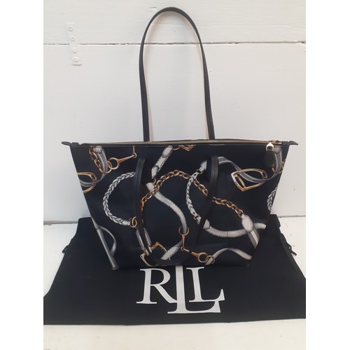 15 - Ralph Lauren-A modern black 'Equestrian Nylon Tote' shoulder bag with grey and gold horse rein desig... 