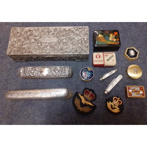 250 - Decorative boxes and collectables to include 2 silver clothes brushes and a 1964 signed Russian lacq... 