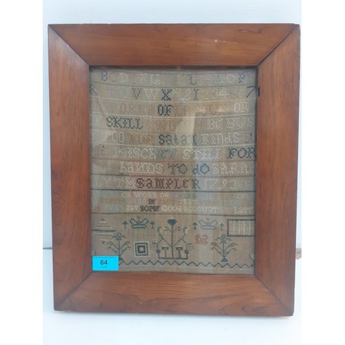 64 - A late 18th Century embroidered sampler worked by Sarah Blyth in 1793, stretched and framed, approxi... 