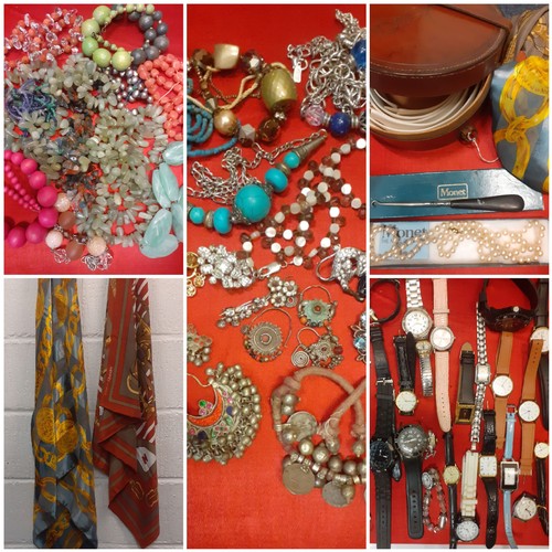 90 - A mixed lot comprising costume jewellery, vintage shirt collars, fashion scarves, watches A/F, simul... 