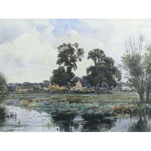 59 - A watercolour depicting a river scene with a farmyard in the background, bearing signature 'Frank Th... 