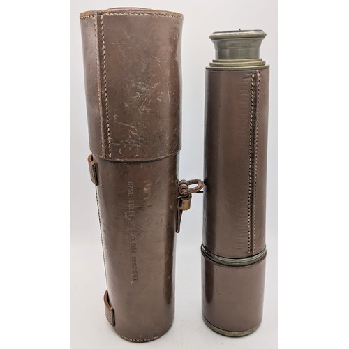 183 - A WW2 Scout regiment three drawer telescope in a brown leather carrying case, the brown case inscrib... 