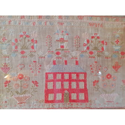 49 - A mid 19th Century embroidered sampler 43cm x 30cm worked by xxxxxx Ward aged 10 in 1840, stretched ... 