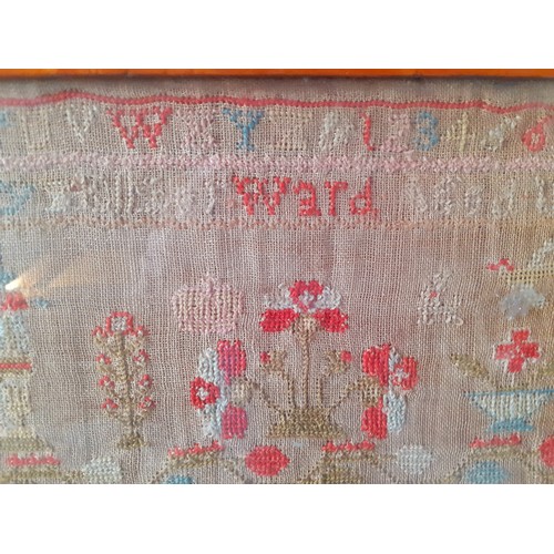 49 - A mid 19th Century embroidered sampler 43cm x 30cm worked by xxxxxx Ward aged 10 in 1840, stretched ... 