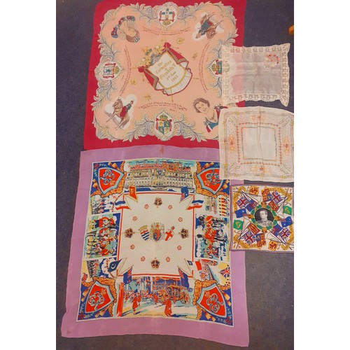 102 - A small group of vintage commemorative scarves and handkerchiefs to include a pink 1953 Coronation s... 