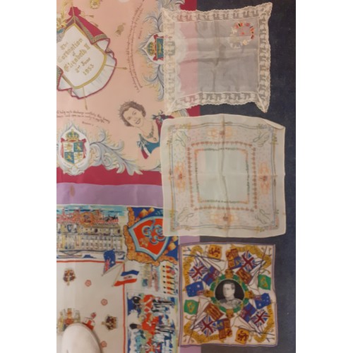 102 - A small group of vintage commemorative scarves and handkerchiefs to include a pink 1953 Coronation s... 