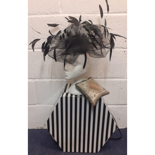 103 - A modern Francis Heeley black fascinator with feather and net detail together with a vintage beaded ... 