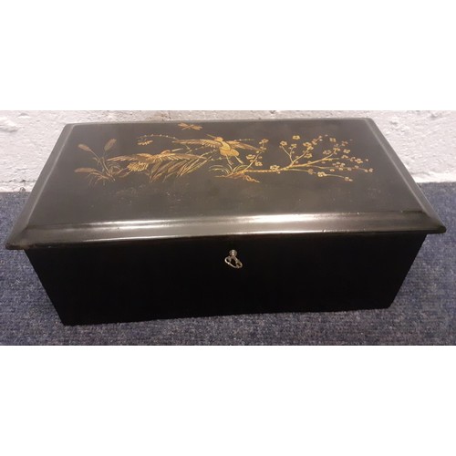 27 - A Paillard Vaucher Fils music box playing six sacred airs in a black lacquered case with Chinoiserie... 