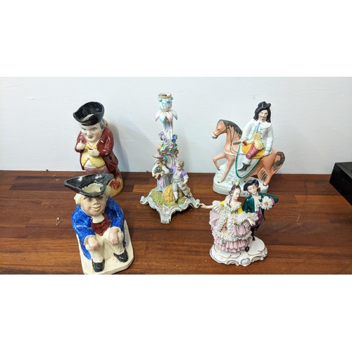 17 - Ceramics to include a Meissen candelabra base etched 784, Staffordshire, Toby jugs, flatback figures... 