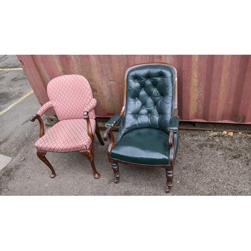 194 - A William IV rosewood open armchair with green leather upholstery, and a 20th century mahogany frame... 