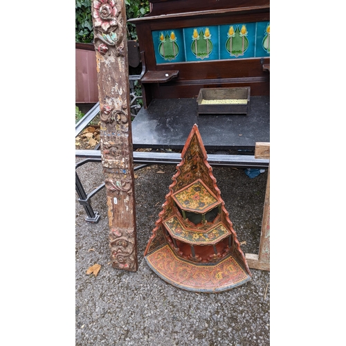 225 - Antique carved Indian artefacts to include a panel and painted three tier corner shelf Location:
If ... 