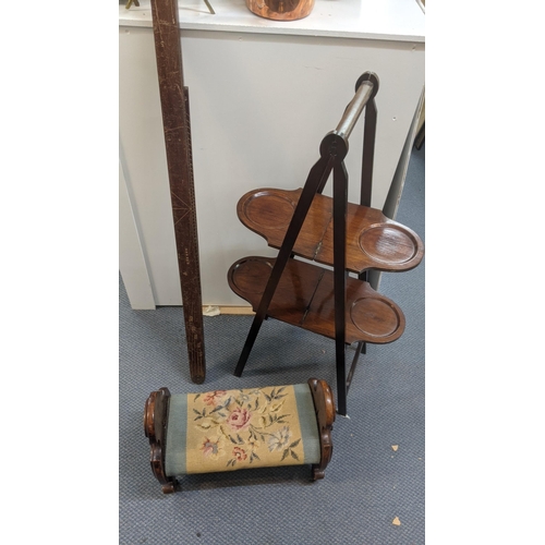 346 - A Victorian walnut stool, a mahogany folding cake stand and a surveyor's measure
Location: A3M
If th... 