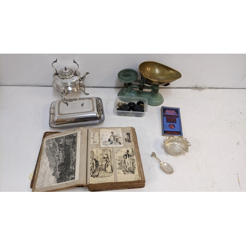 422 - A silver plated spirit kettle A/F, an entree dish, a Victorian scrap book, a map, scales and weights... 