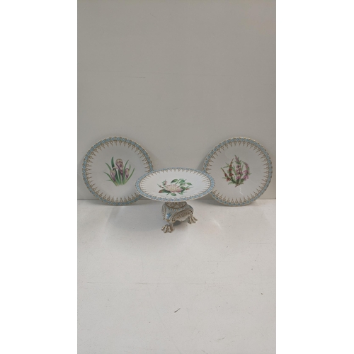 74 - 19th century ceramics to include a blue and white and gold pedestal dish on three claw feet decorate... 