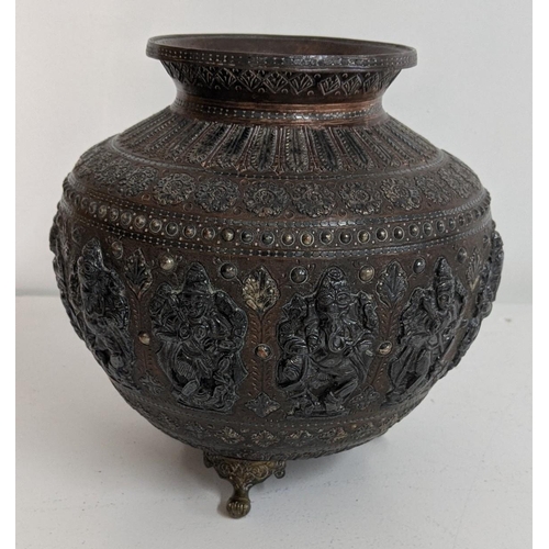 508 - An early 20th century copper bowl decorated with Indian Gods on later brass feet
Location: RWB