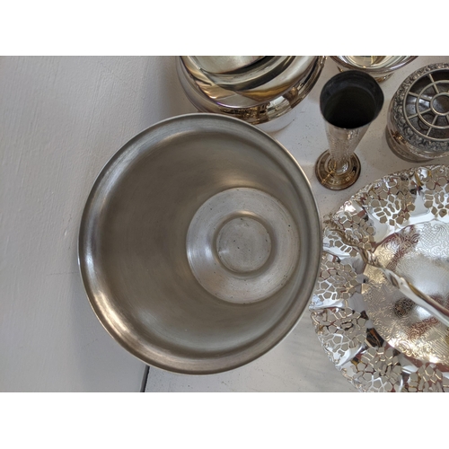 1 - Mixed silver plated items to include an ice bucket, 2 teapots, jug, a pair of candlestick holders, a... 