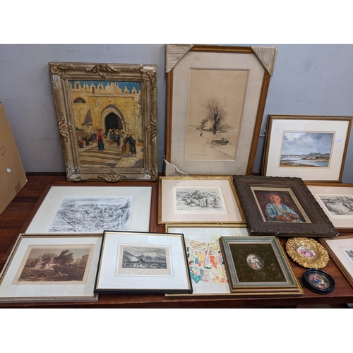 104 - Framed paintings & pictures to include and oil on board depicting an Arabian scene. A painting depic... 