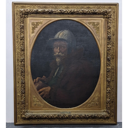 123 - A 19th century oil on canvas portrait of a bearded warrior, 66.5cm x 53cm, the frame mounted with a ... 