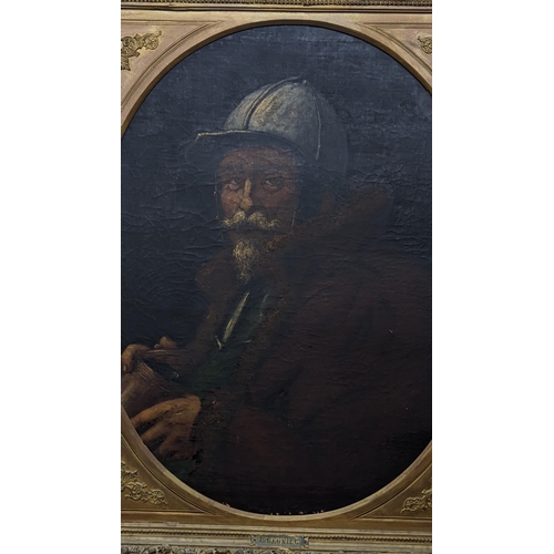 123 - A 19th century oil on canvas portrait of a bearded warrior, 66.5cm x 53cm, the frame mounted with a ... 