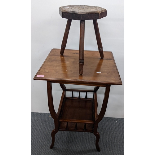 126 - A circa 1900 two tier square topped occasional table together with an oak stool
Location:LWM
If ther... 