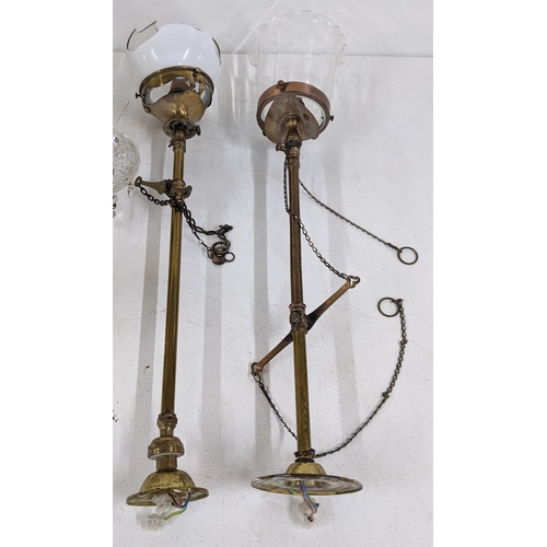 128 - Two vintage brass converted gas lamps A/F, along with a 20th century teardrop chandelier Location:A4... 