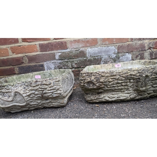 131 - Two weathered Cotstone garden planters, textured design to exterior, and a weathered pottery twin ha... 