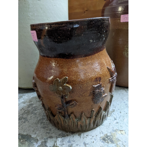 132 - Two stoneware brewery flagon jars and a pottery vase, the flagons advertising J S Smith & Co Phoenix... 