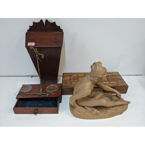 14 - A pair of dispensing scales with a drawer to the base along with a mahogany candle box, a games box ... 