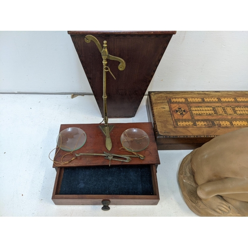 14 - A pair of dispensing scales with a drawer to the base along with a mahogany candle box, a games box ... 