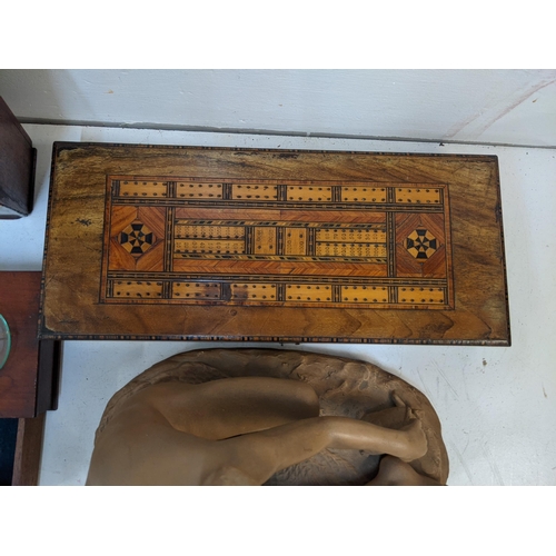 14 - A pair of dispensing scales with a drawer to the base along with a mahogany candle box, a games box ... 