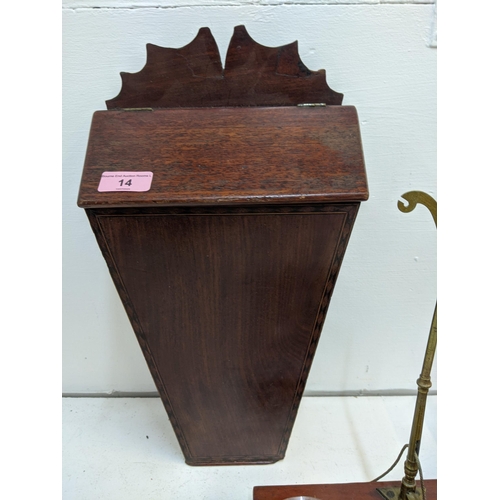 14 - A pair of dispensing scales with a drawer to the base along with a mahogany candle box, a games box ... 