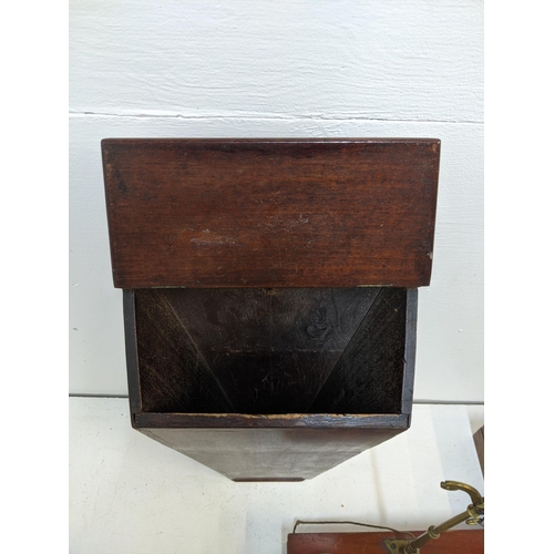 14 - A pair of dispensing scales with a drawer to the base along with a mahogany candle box, a games box ... 