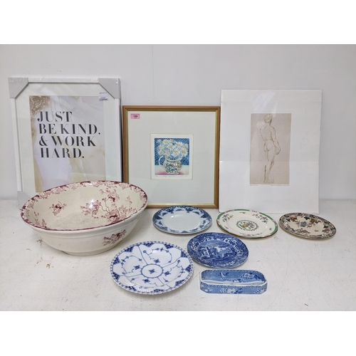 159 - A mixed lot of ceramics and pictures to include a 19th century Royal Copenhagen blue fluted full lac... 