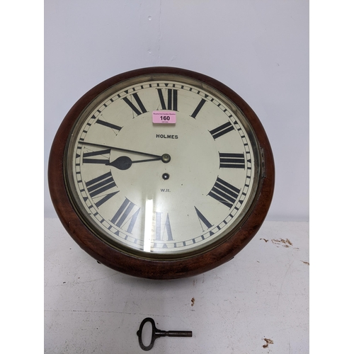 160 - A Victorian mahogany cased dial clock, cream enamel face with painted Roman numerals, marked Holmes ... 