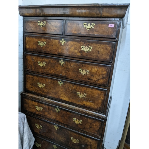 172 - An 18th century and later walnut chest on chest, two short drawers over three graduated drawers, the... 