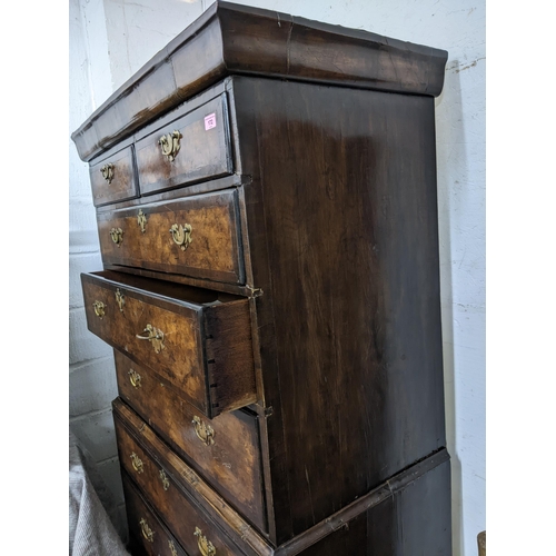 172 - An 18th century and later walnut chest on chest, two short drawers over three graduated drawers, the... 