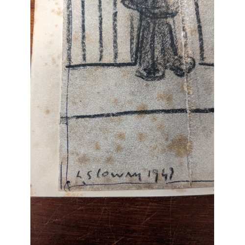 266 - A pencil drawing of a figure by a fence signed L S Lowry and dated 1947 Location: R1-3
If there is n... 