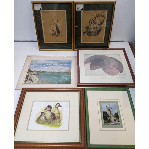 275 - A mixed lot of mostly framed pictures to include a limited edition etching of a village scene by Joh... 