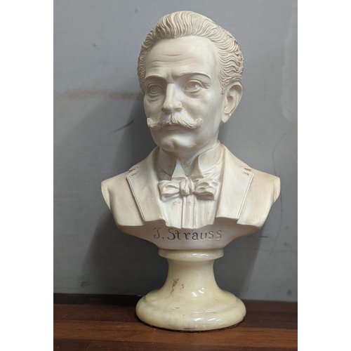 321 - Two busts of gentleman, one wooden of an elderly gentleman and another composition bust of J Strauss... 