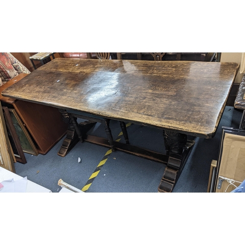 332 - A reproduction oak refectory table, 75cm h x 174cm w, together with a set of six circa 1900 Dutch oa... 