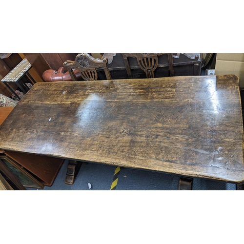 332 - A reproduction oak refectory table, 75cm h x 174cm w, together with a set of six circa 1900 Dutch oa... 