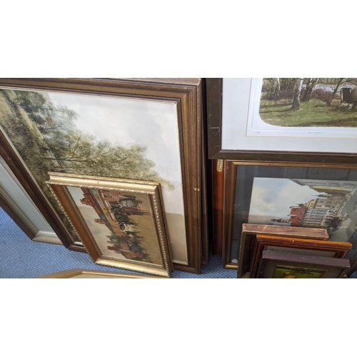 359 - Mixed framed pictures to include various oil paintings depicting country scenes, an Indenture and ot... 