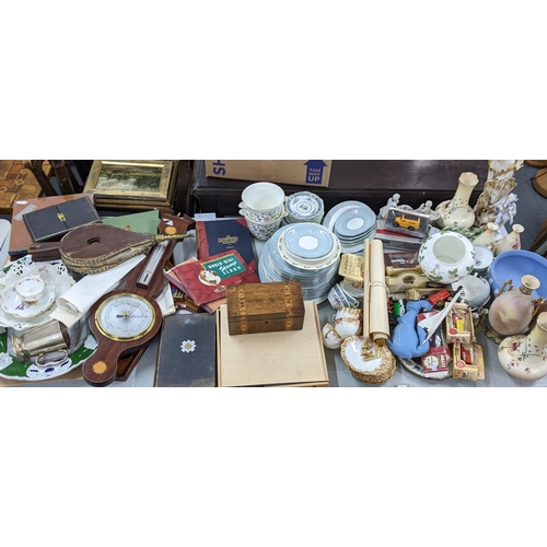 360 - A large mixed lot to include a 19th century tea caddy, fire bellows, barometer, stamps, Wedgwood and... 