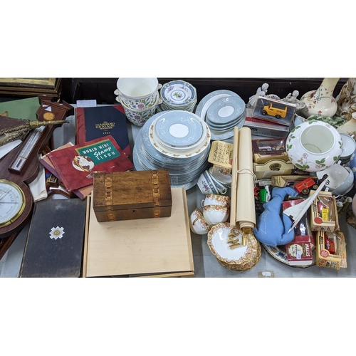 360 - A large mixed lot to include a 19th century tea caddy, fire bellows, barometer, stamps, Wedgwood and... 