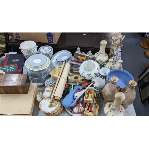 360 - A large mixed lot to include a 19th century tea caddy, fire bellows, barometer, stamps, Wedgwood and... 