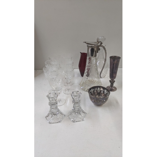 364 - Glassware to include a clear cut and silver plated claret jug, together with similar Royal Brierly c... 